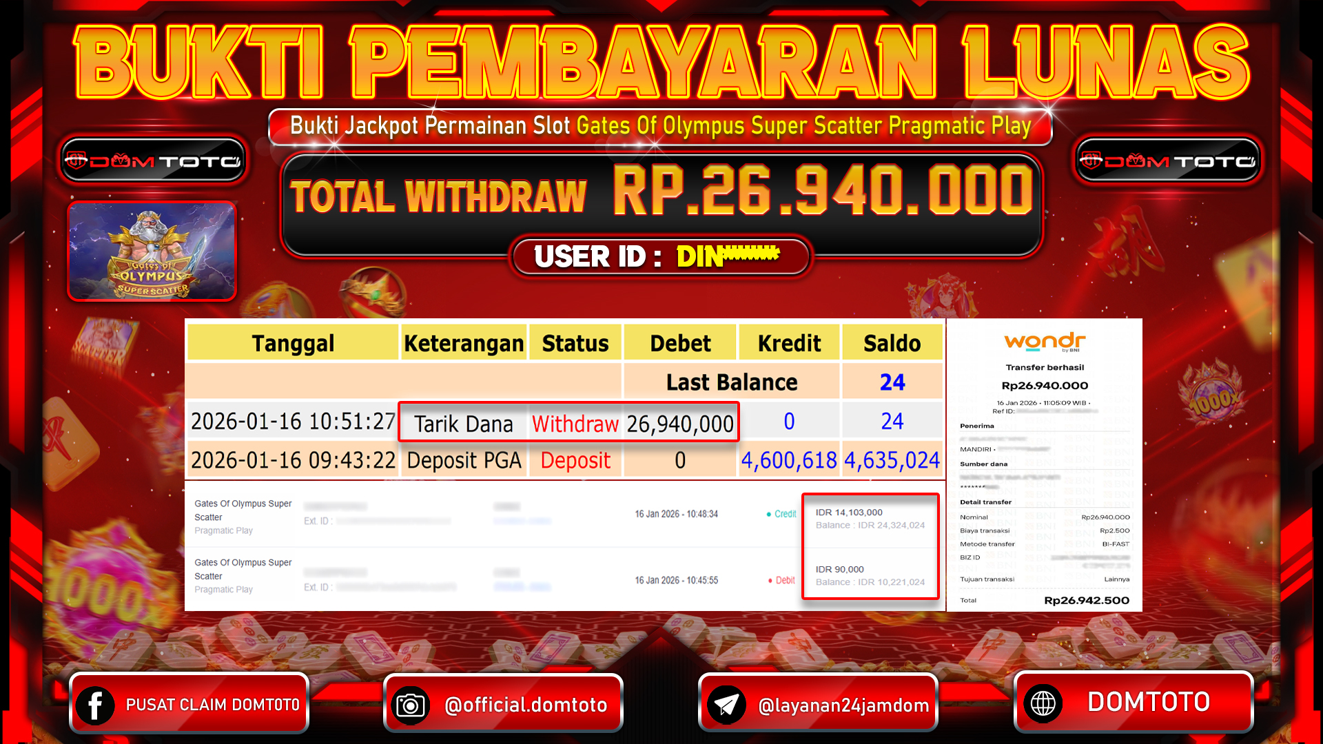 JACKPOT SLOT Gates Of Olympus Super Scatter Pragmatic Play 16 JANUARI 2026